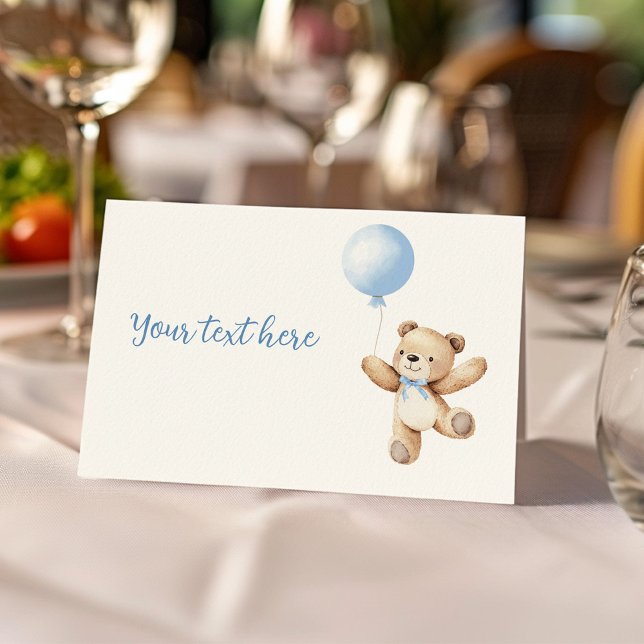 Cute Teddy Bear Blue Balloon Food Tent Place Card (Creator Uploaded)
