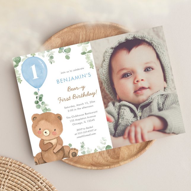 Cute teddy bear blue balloons 1st birthday boy invitation (Creator Uploaded)