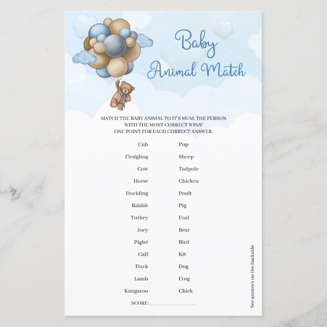 Cute teddy bear blue balloons Baby Animal Match  (Front)