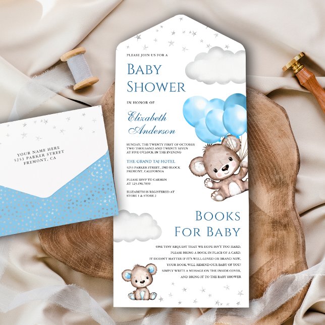 Cute Teddy Bear Blue Balloons Baby Shower All In One Invitation (Creator Uploaded)