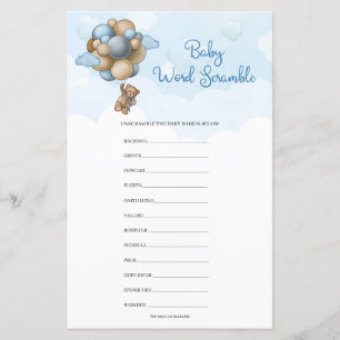 Cute teddy bear blue balloons Baby Word Scramble