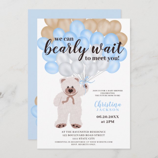 Cute teddy bear blue balloons boy baby shower invitation (Front/Back)