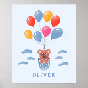 Cute Teddy Bear Blue Balloons Boy Name Poster