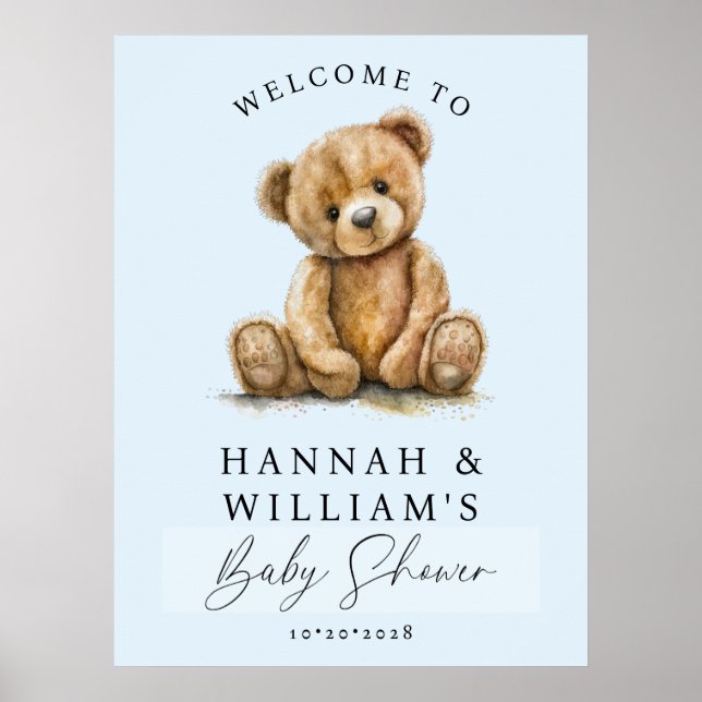 Cute Teddy Bear Blue Boy Baby Shower Welcome Sign (Front)