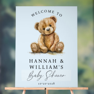 Cute Teddy Bear Blue Boy Baby Shower Welcome Sign