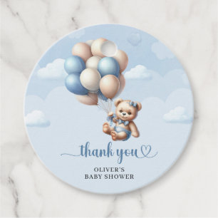 Cute Teddy bear blue brown balloons Baby Shower Favour Tags