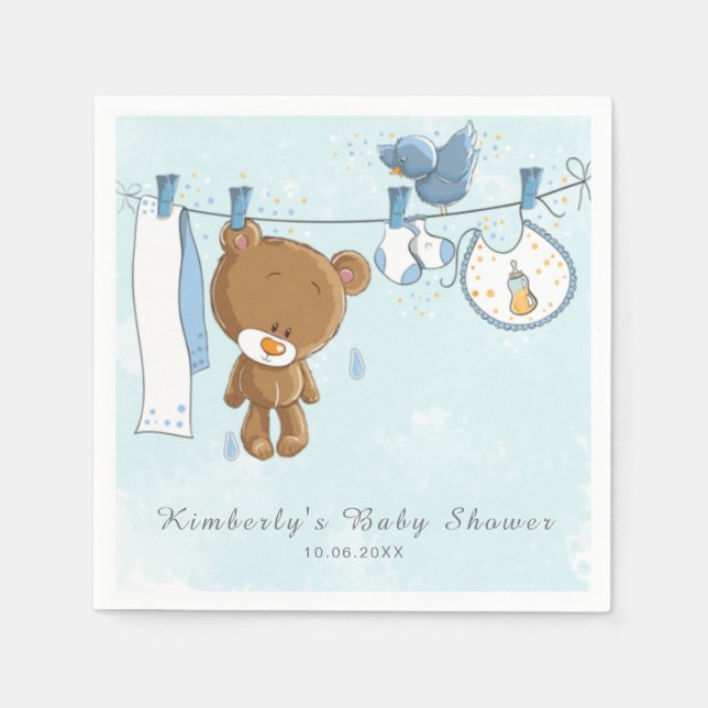 Cute Teddy Bear Blue Clothesline Baby Shower Napkin (Front)