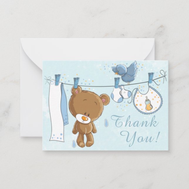 Cute Teddy Bear Blue Clothesline Thank You Card (Front)