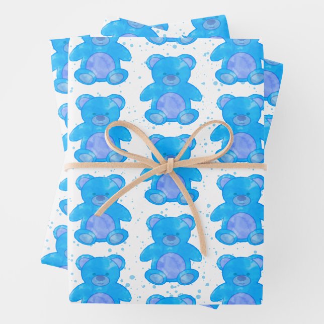 Cute Teddy Bear Blue Custom Wrapping Paper Sheet (In situ)
