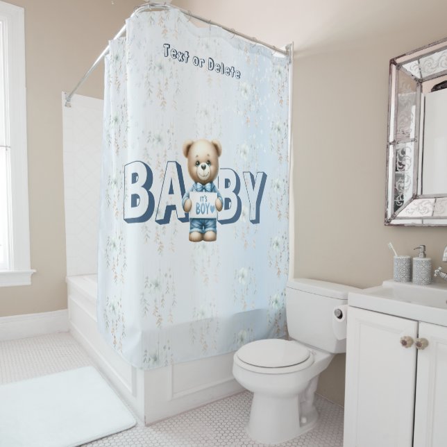 Cute Teddy Bear Blue Floral Beautiful Shower Curtain (In Situ)