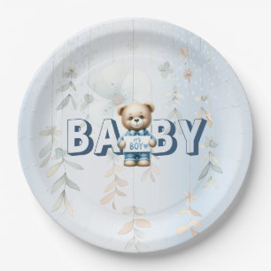 Cute Teddy Bear Blue Floral Party Paper Plate