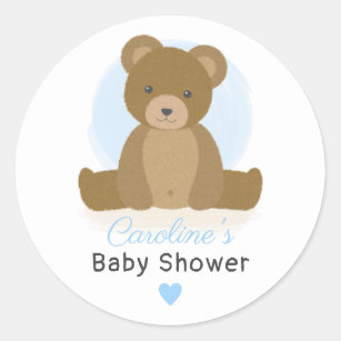 Cute Teddy Bear Blue Heart Baby Boy Shower Classic Round Sticker