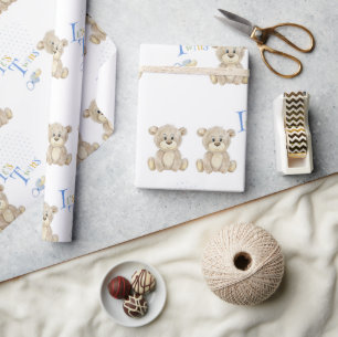 Cute Teddy Bear Blue it’s Twins Baby Shower Wrapping Paper