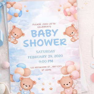 Cute Teddy Bear & Blue Pink Balloon Baby Shower Invitation
