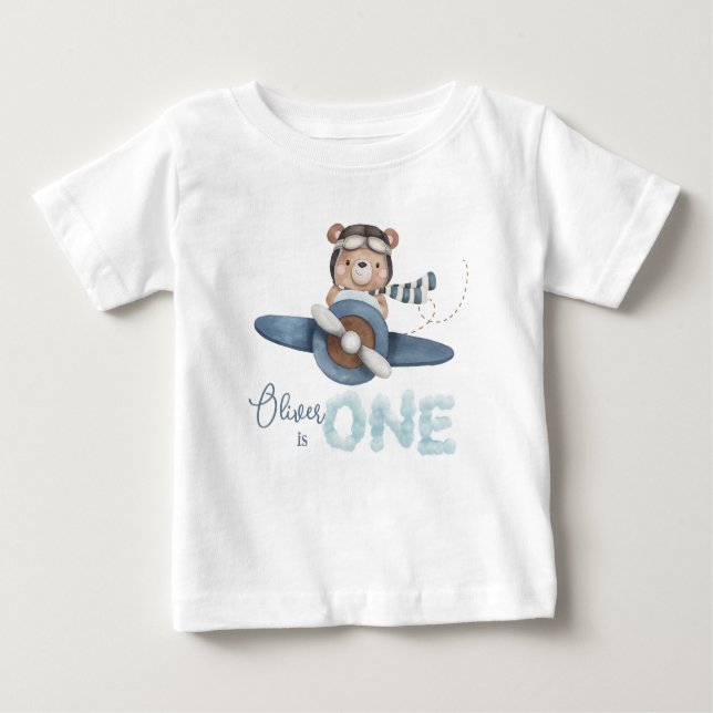 Cute Teddy Bear Blue Plane One 1st Birthday Outfit Baby T-Shirt (Front)