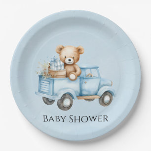 Cute Teddy Bear Blue Vintage Truck Baby Shower Paper Plate