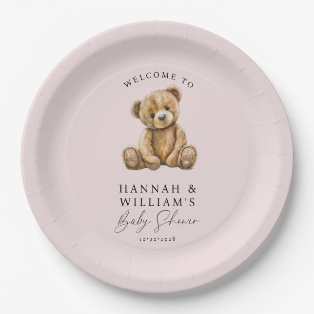 Cute Teddy Bear Blush Pink Girl Baby Shower Paper Plate (Front)