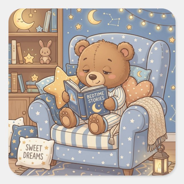 Cute Teddy Bear Book Lover Square Sticker (Front)