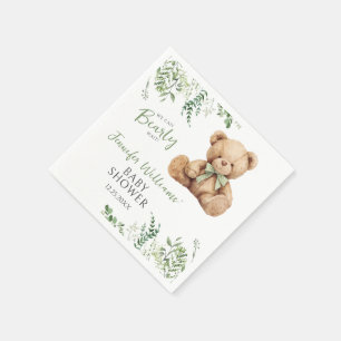 Cute Teddy Bear Bow Greenery Baby Boy Shower Paper Napkin