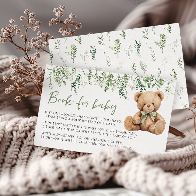 Cute Teddy Bear Bow Greenery Book for Baby Shower Enclosure Card (Creator Uploaded)