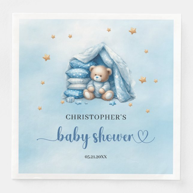 Cute teddy bear boy baby shower napkins (Front)