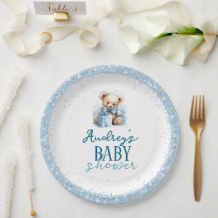 Cute Teddy Bear Boy Baby Shower Paper Plate