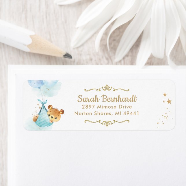 Cute Teddy Bear Boy Baby Shower Return Address (Insitu)