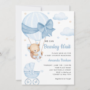 Cute Teddy Bear Boy Blue Bearly Wait Baby Shower Invitation