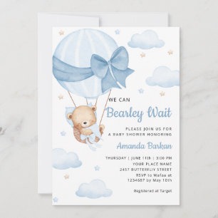 Cute Teddy Bear Boy Blue Bearly Wait Baby Shower Invitation