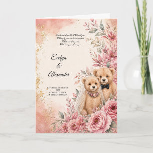 Cute Teddy Bear Bride and Groom Pink Floral Card