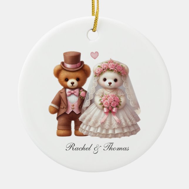 Cute Teddy Bear Bride And Groom Wedding  Ceramic Tree Decoration (Front)