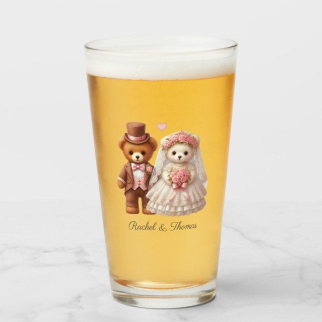 Cute Teddy Bear Bride And Groom Wedding  Glass (Front Filled)