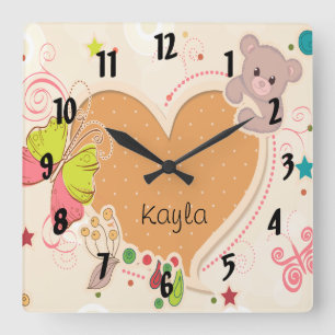 cute teddy bear butterfly heart kids square wall clock