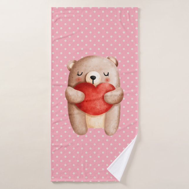 Cute Teddy Bear Carrying a Red Heart Bath Towel Set (Bath Towel)