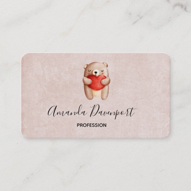 Cute Teddy Bear Carrying a Red Heart Business Card (Front)