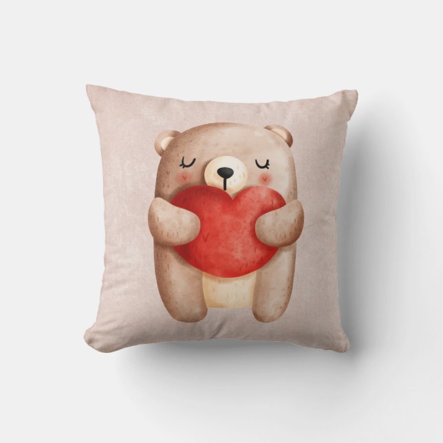 Cute Teddy Bear Carrying a Red Heart Cushion (Front)