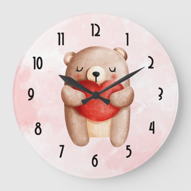 Cute Teddy Bear Carrying a Red Heart Large Clock (Front)