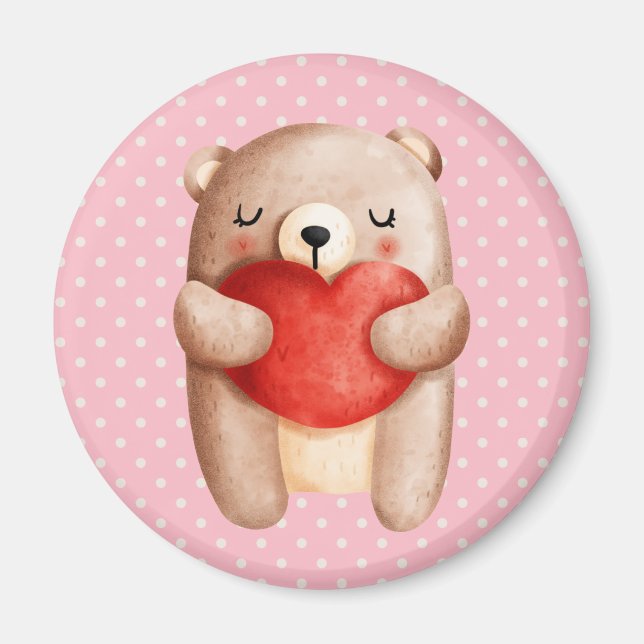 Cute Teddy Bear Carrying a Red Heart Magnet (Front)