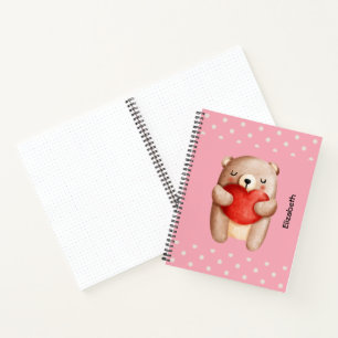 Cute Teddy Bear Carrying a Red Heart Notebook