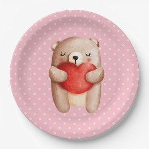 Cute Teddy Bear Carrying a Red Heart Paper Plate