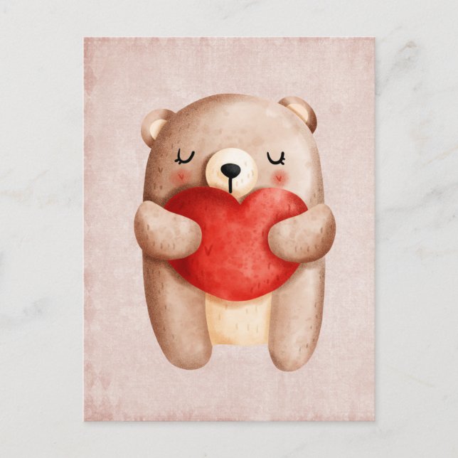 Cute Teddy Bear Carrying a Red Heart Postcard (Front)