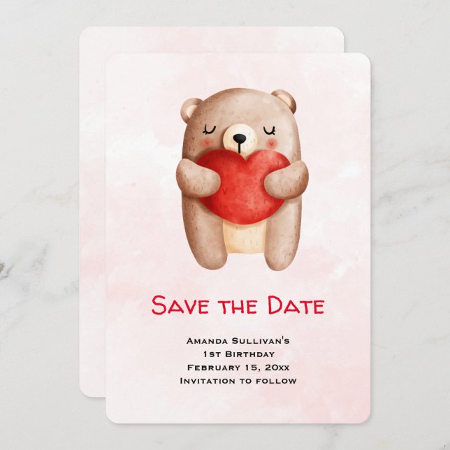 Cute Teddy Bear Carrying a Red Heart Save the Date (Front/Back)
