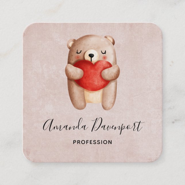 Cute Teddy Bear Carrying a Red Heart Square Business Card (Front)
