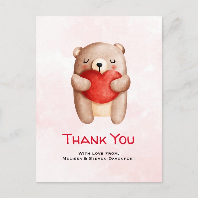 Cute Teddy Bear Carrying a Red Heart Thank You Postcard (Front)