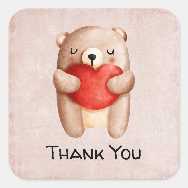Cute Teddy Bear Carrying a Red Heart Thank You Square Sticker (Front)