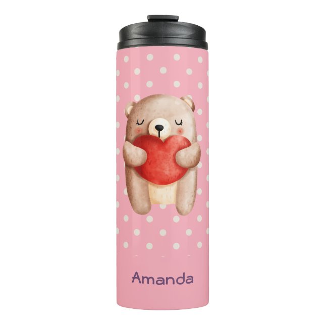 Cute Teddy Bear Carrying a Red Heart Thermal Tumbler (Front)