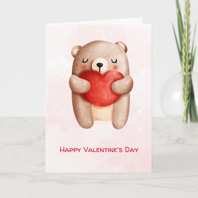 Cute Teddy Bear Carrying a Red Heart Valentine's Card (Front)