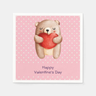 Cute Teddy Bear Carrying a Red Heart Valentine's Napkin