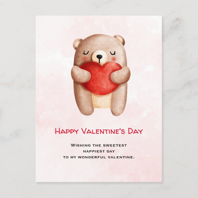 Cute Teddy Bear Carrying a Red Heart Valentine's Postcard (Front)