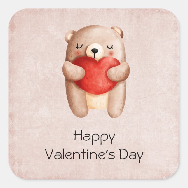 Cute Teddy Bear Carrying a Red Heart Valentine's Square Sticker (Front)